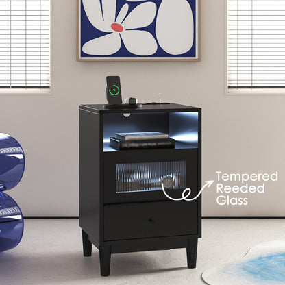 Wood Nightstand Nightstand With Charging Station & LED Lights | Bedside Table, End Table With Glass Drawers, File Cabinet For Home Wood Bedside Tables For Bedroom