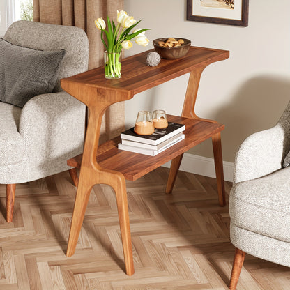 2-Tier End Table for Living Room, Farmhouse Slim Sofa Side Table with Wood Legs, Modern Tall End Table with Storage Shelf, Narrow Long Bedside Table, Nightstand for Bedroom, Living Room, Home Office, Walnut