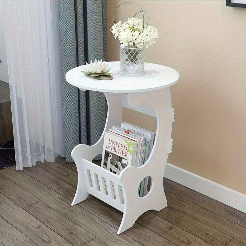 Smart Bedside Table, Portable Bedside Table, Height: 17.72 Inches. White Plastic Round Bedside Table with Magazine Rack, Portable Mini Bedside Table, Suitable for Home Use, 5 Functions, Can Hold Books, Data Cables, Water Cups, Mobile Phones, Tissues