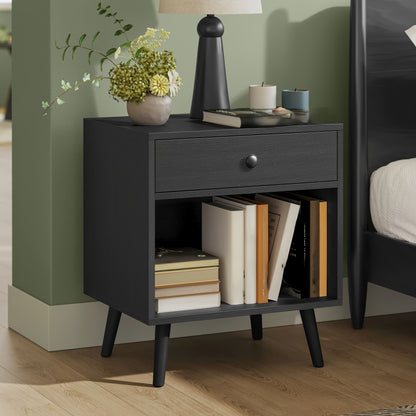 Space-Saving Nightstand with Drawer - Versatile Bedside Table with Open Compartment, Pine Wood Legs for Living Room & Bedroom Storage, Shower Caddies, Valentines Decorations Home Decor Furniture for Home and Mother's Day Decorations for Home