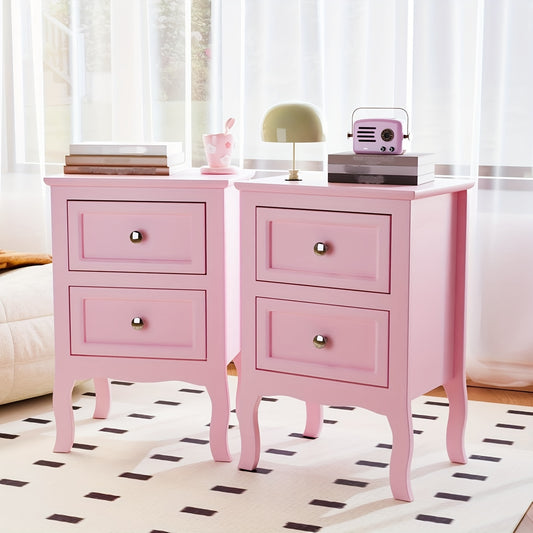 Pastoral Style Double Drawer Bedside Table - Cost-Effective, Density Board, Painted Surface | White, Black, Blue, Pink, Brown, Grey Color Options