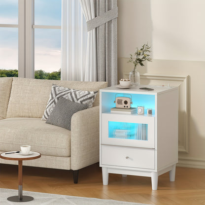 Wood Nightstand Nightstand With Charging Station & LED Lights | Bedside Table, End Table With Glass Drawers, File Cabinet For Home Wood Bedside Tables For Bedroom