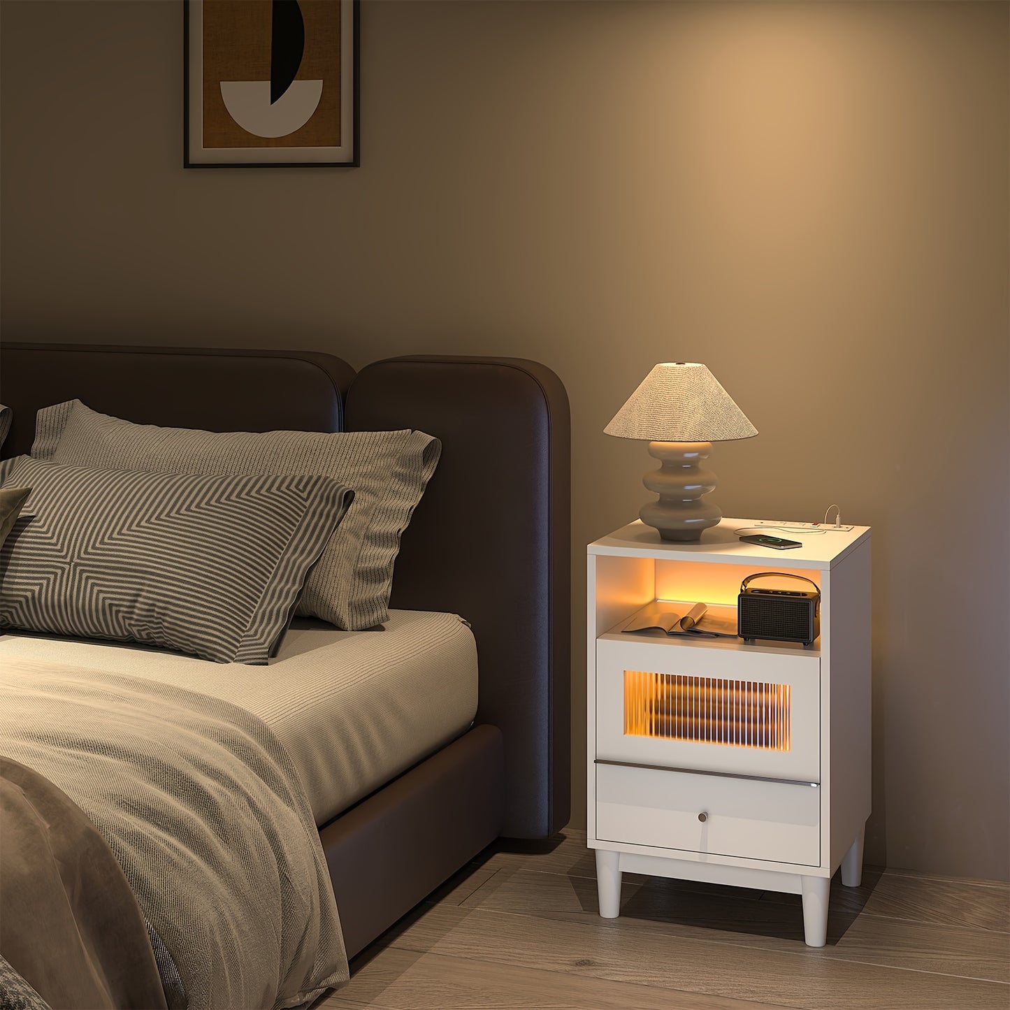 Wood Nightstand Nightstand With Charging Station & LED Lights | Bedside Table, End Table With Glass Drawers, File Cabinet For Home Wood Bedside Tables For Bedroom
