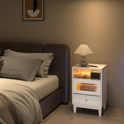 Wood Nightstand Nightstand With Charging Station & LED Lights | Bedside Table, End Table With Glass Drawers, File Cabinet For Home Wood Bedside Tables For Bedroom