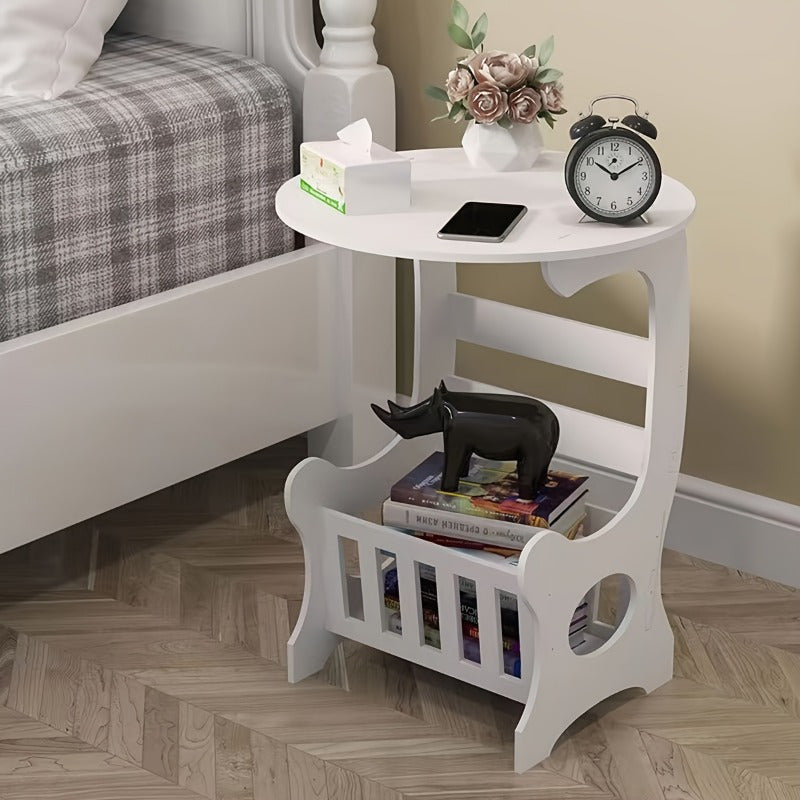 Smart Bedside Table, Portable Bedside Table, Height: 17.72 Inches. White Plastic Round Bedside Table with Magazine Rack, Portable Mini Bedside Table, Suitable for Home Use, 5 Functions, Can Hold Books, Data Cables, Water Cups, Mobile Phones, Tissues