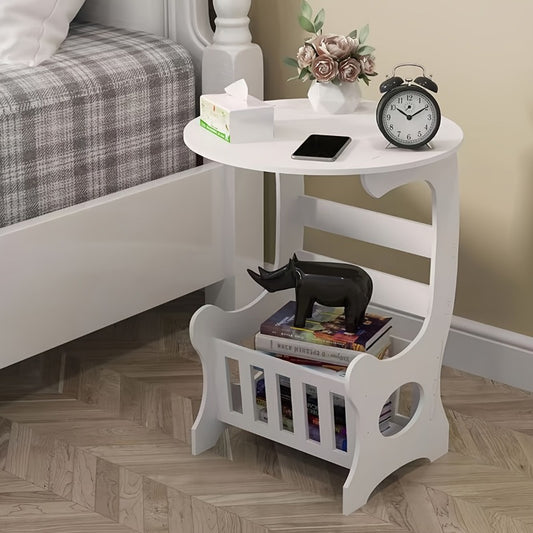 Smart Bedside Table, Portable Bedside Table, Height: 17.72 Inches. White Plastic Round Bedside Table with Magazine Rack, Portable Mini Bedside Table, Suitable for Home Use, 5 Functions, Can Hold Books, Data Cables, Water Cups, Mobile Phones, Tissues