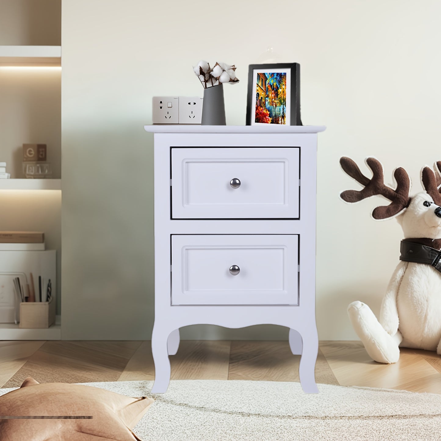 Pastoral Style Double Drawer Bedside Table - Cost-Effective, Density Board, Painted Surface | White, Black, Blue, Pink, Brown, Grey Color Options