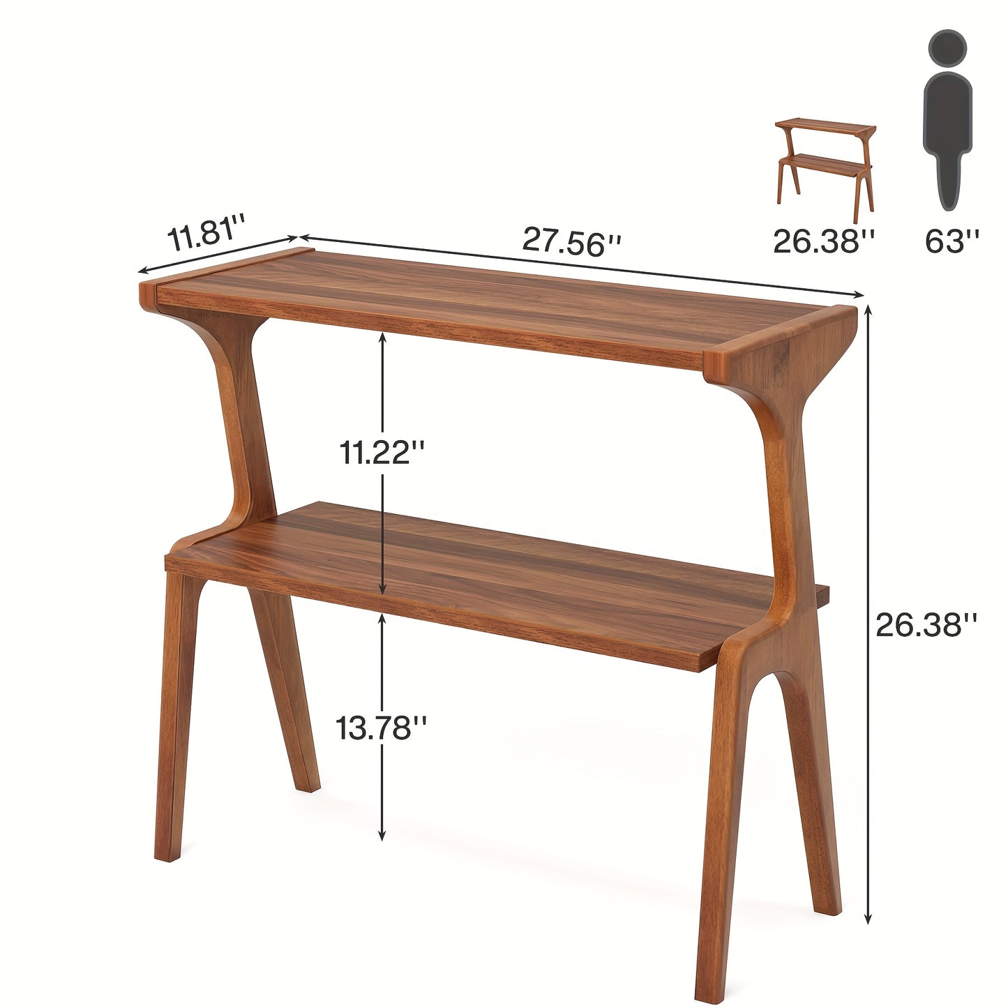 2-Tier End Table for Living Room, Farmhouse Slim Sofa Side Table with Wood Legs, Modern Tall End Table with Storage Shelf, Narrow Long Bedside Table, Nightstand for Bedroom, Living Room, Home Office, Walnut