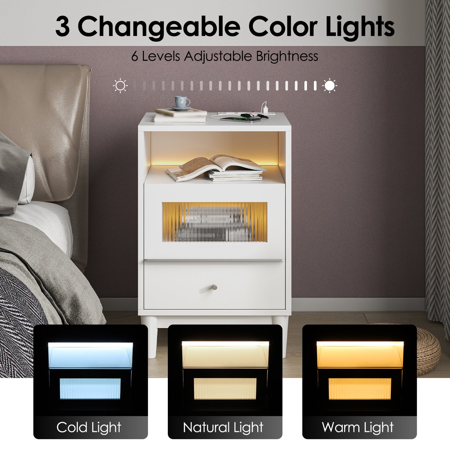 Wood Nightstand Nightstand With Charging Station & LED Lights | Bedside Table, End Table With Glass Drawers, File Cabinet For Home Wood Bedside Tables For Bedroom