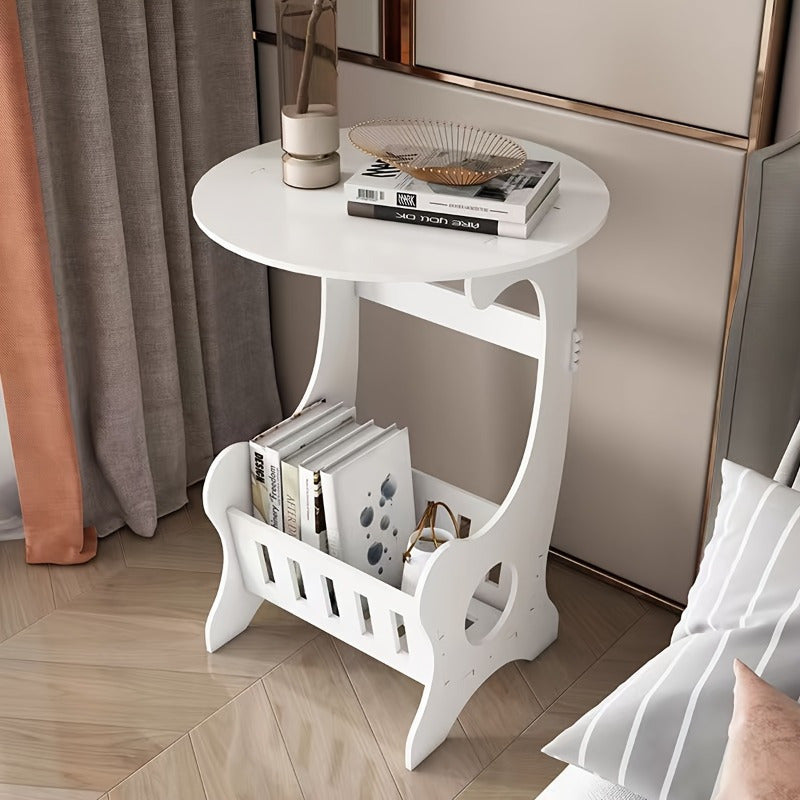 Smart Bedside Table, Portable Bedside Table, Height: 17.72 Inches. White Plastic Round Bedside Table with Magazine Rack, Portable Mini Bedside Table, Suitable for Home Use, 5 Functions, Can Hold Books, Data Cables, Water Cups, Mobile Phones, Tissues