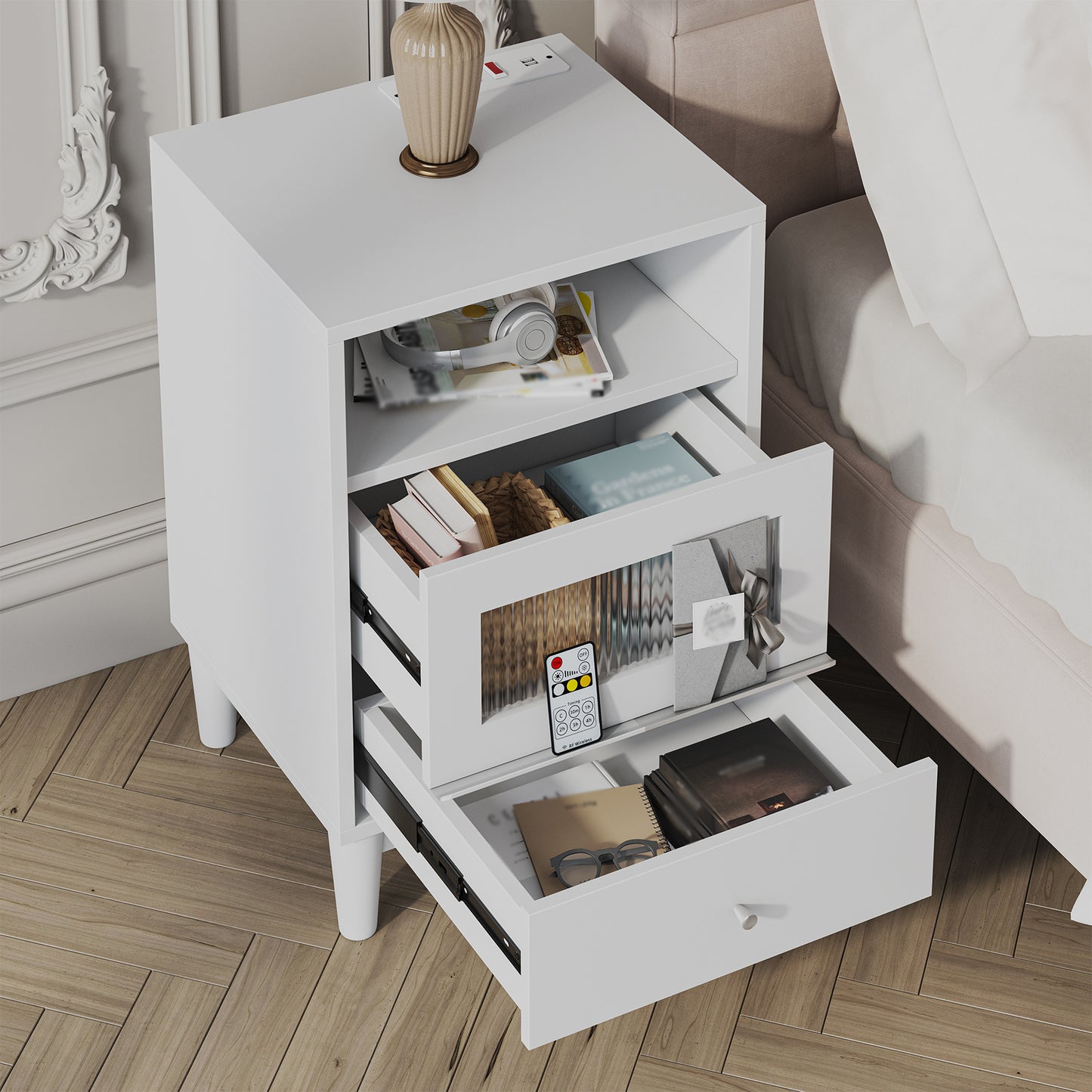 Wood Nightstand Nightstand With Charging Station & LED Lights | Bedside Table, End Table With Glass Drawers, File Cabinet For Home Wood Bedside Tables For Bedroom