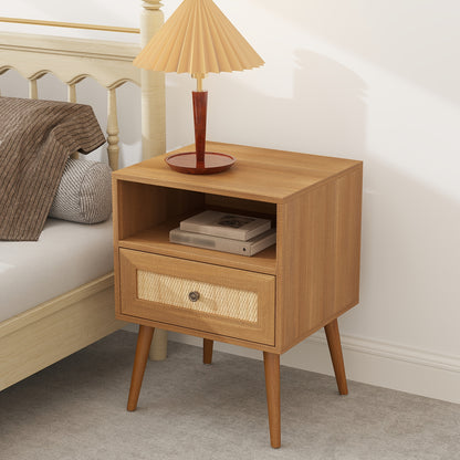Rattan Nightstand with Charge Boho Rattan Nightstand - Wicker Stand with Drawer and Charge Station - Modern Bedside Table End Table