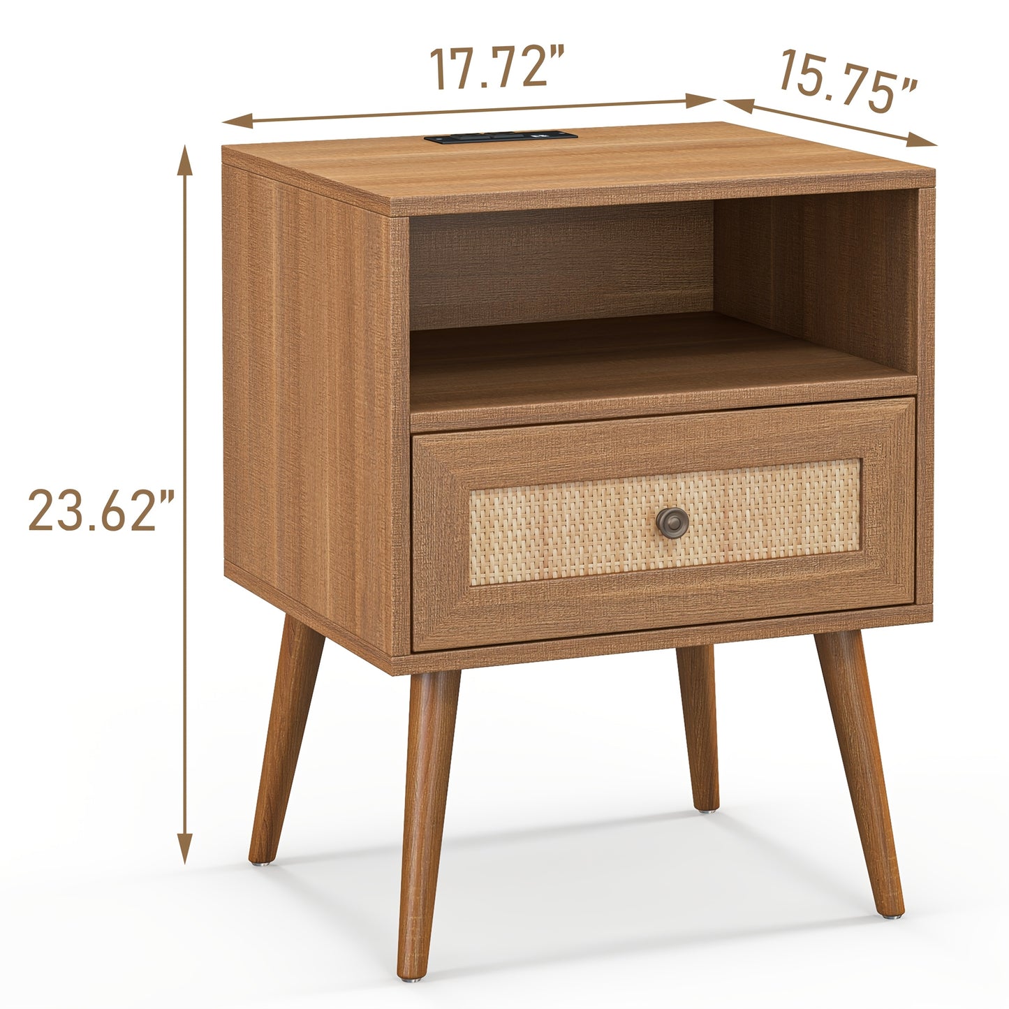 Rattan Nightstand with Charge Boho Rattan Nightstand - Wicker Stand with Drawer and Charge Station - Modern Bedside Table End Table